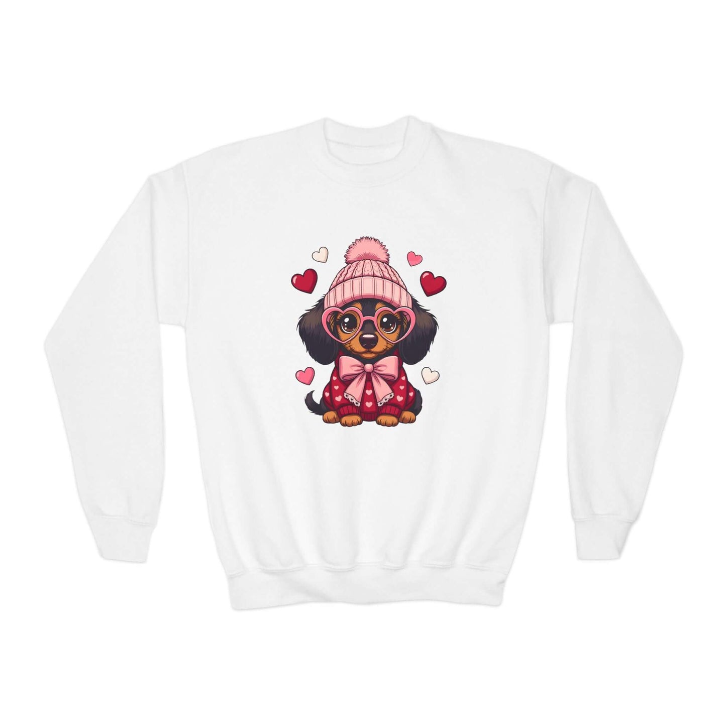 Youth Valentine crewneck sweatshirt with cute puppy wearing knit hat and scarf, cozy kids sweatshirt for Valentine’s Day