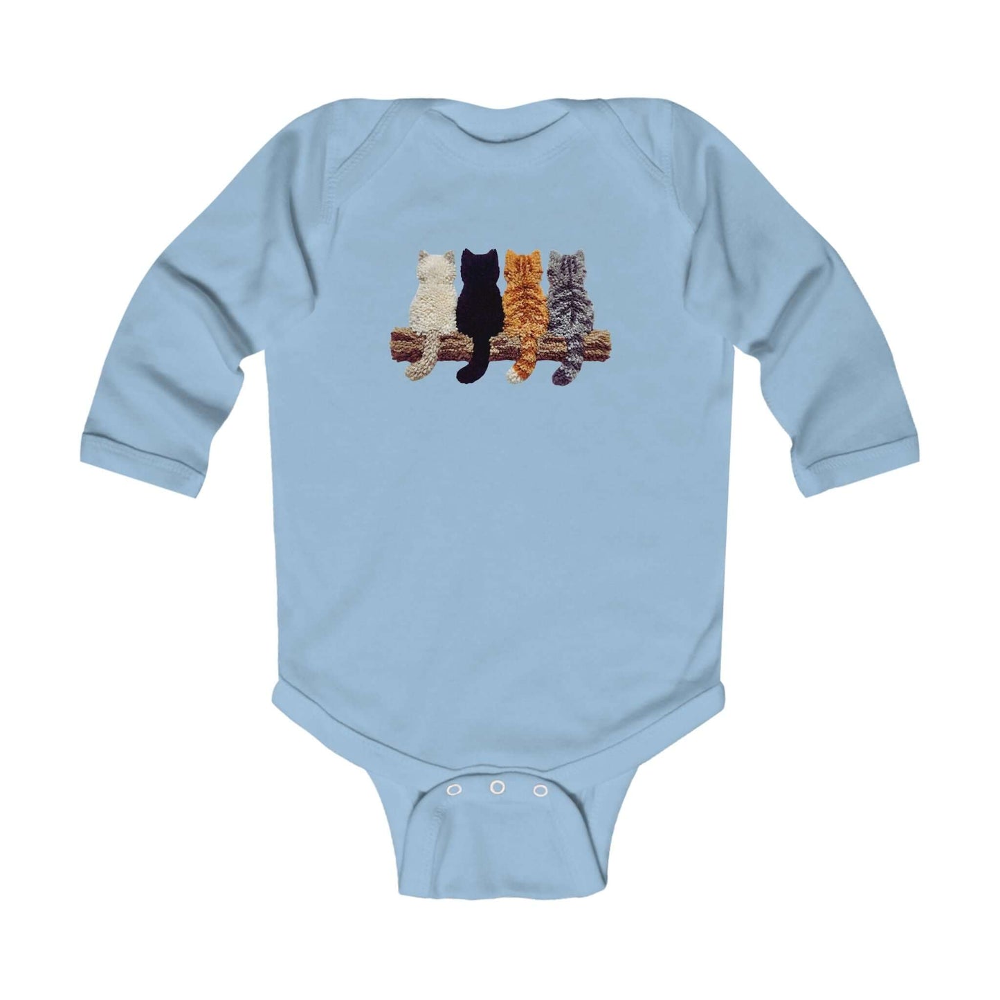 Lovely Kittens faux yarn infant long sleeve bodysuit with playful kitten motifs on the back.