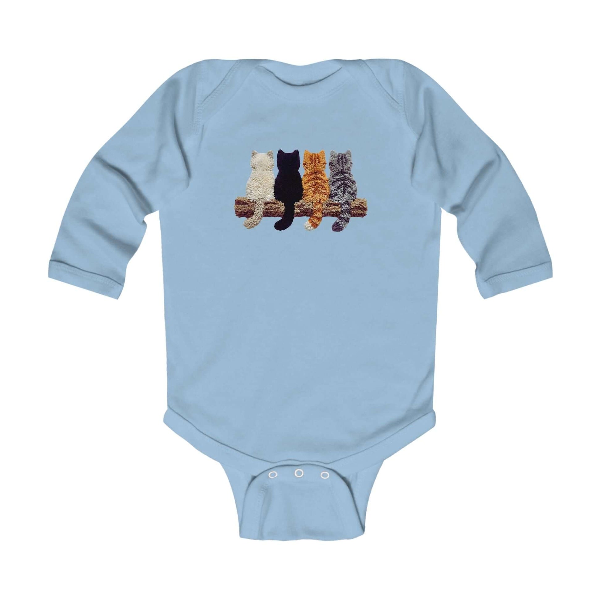 Lovely Kittens faux yarn infant long sleeve bodysuit with playful kitten motifs on the back.