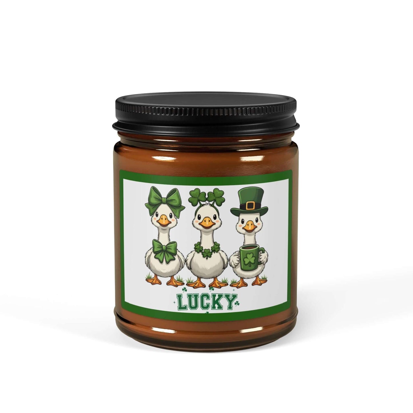Lucky Ducks Vegan Soy Candle in amber jar with playful St. Patrick's Day label featuring lucky geese.