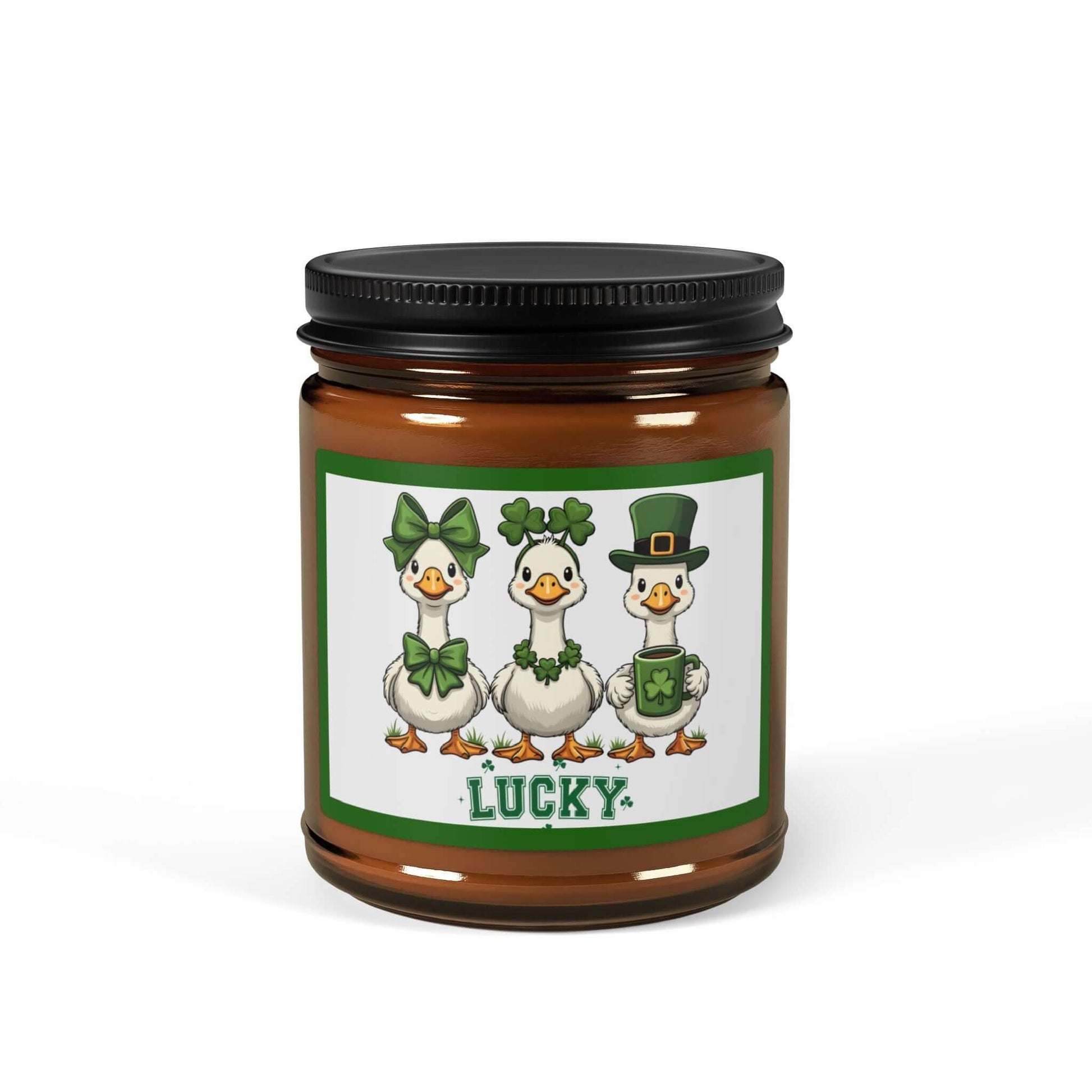 Lucky Ducks Vegan Soy Candle in amber jar with playful St. Patrick's Day label featuring lucky geese.