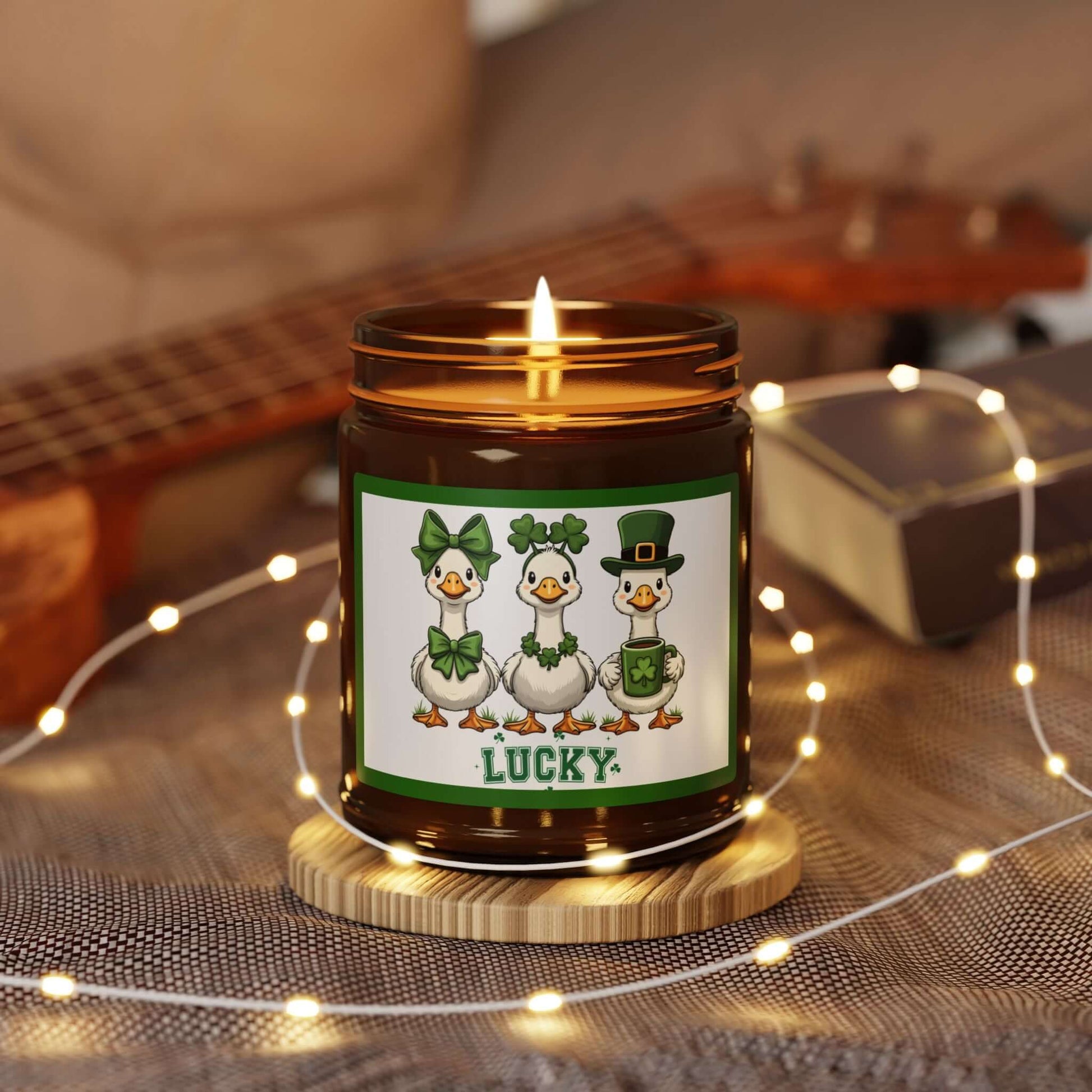 Lucky Ducks Vegan Soy Candle with playful label featuring lucky ducks, amber glass, and gentle glow for cozy evenings.