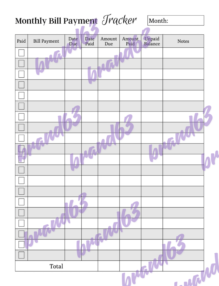 Monthly Bill Payment Tracker -Instant Download/Printable, Brand63