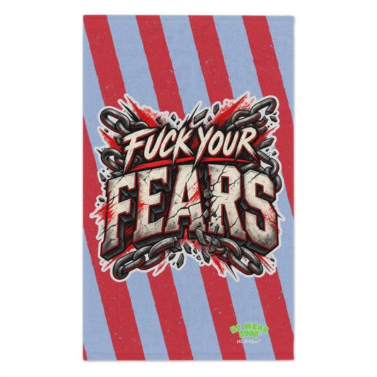 No Fear Gym Towel -Athlete Approved featuring bold "Fuck Your Fears" design on a striped background.