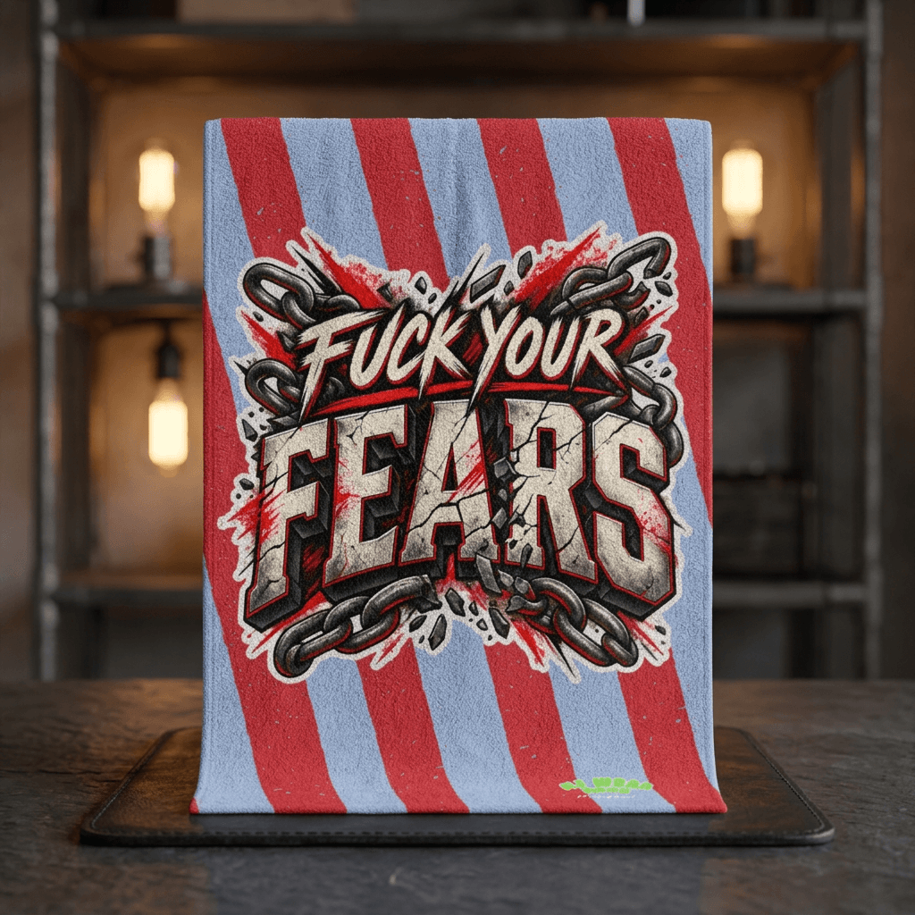 No Fear Gym Towel -Athlete Approved | Motivational design with bold text 'Fuck Your Fears' on a striped towel