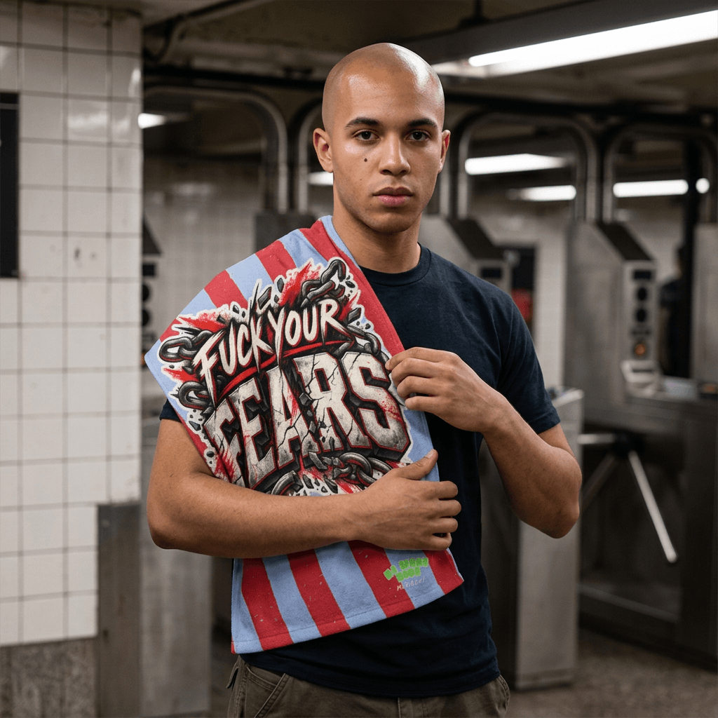No Fear Gym Towel -Athlete Approved displayed by a model in a subway station, showcasing its bold design.