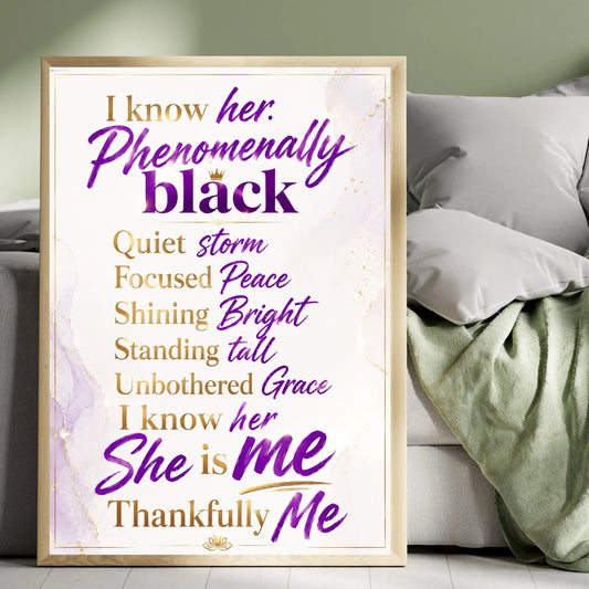 Phenomenally Black Woman Quote Wall Art Afro-Centric digital download print displayed in a living room setting.