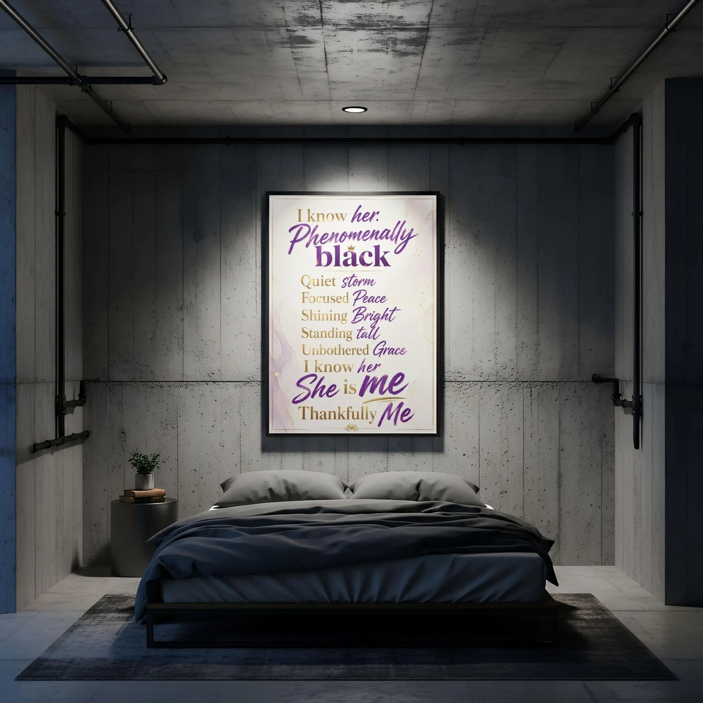 Phenomenally Black Woman Quote Wall Art Afro-Centric displayed in a modern bedroom interior with concrete walls.