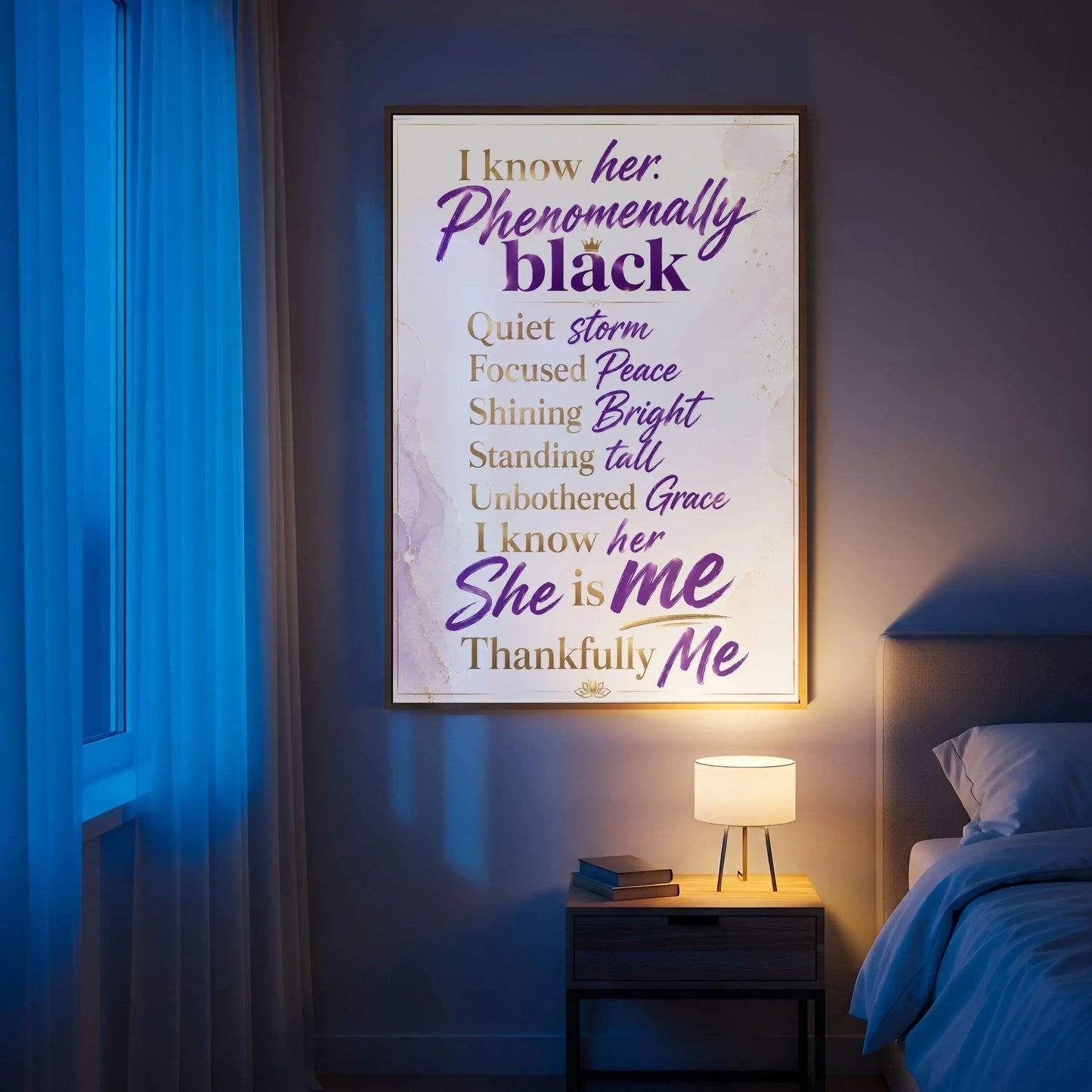 Phenomenally Black Woman Quote Wall Art Afro-Centric displayed in a cozy room with warm lighting.
