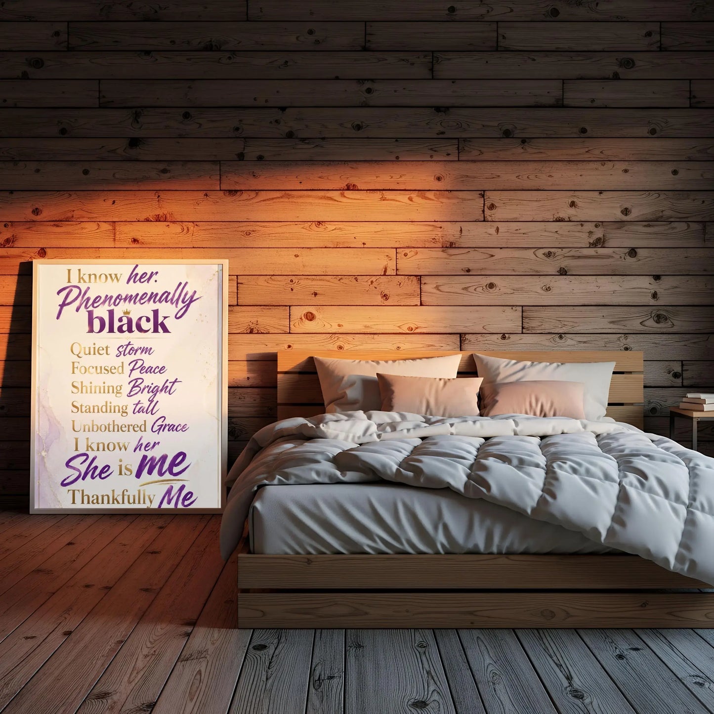 Phenomenally Black Woman Quote Wall Art Afro-Centric displayed in a cozy bedroom setting with wood paneling.