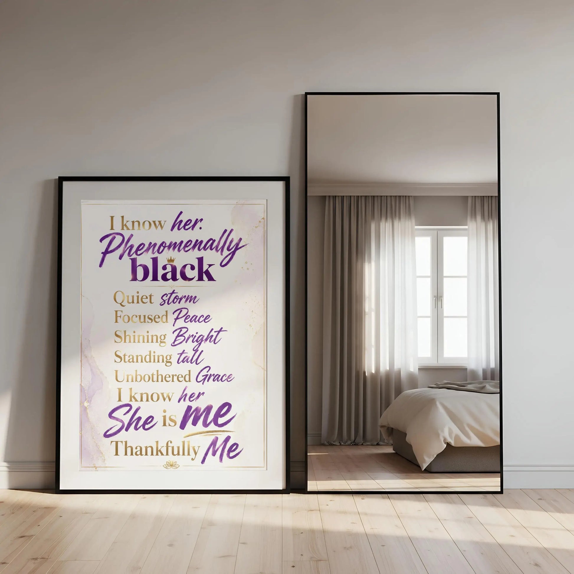 Phenomenally Black Woman Quote Wall Art Afro-Centric displayed in a bright room with curtains and a mirror.