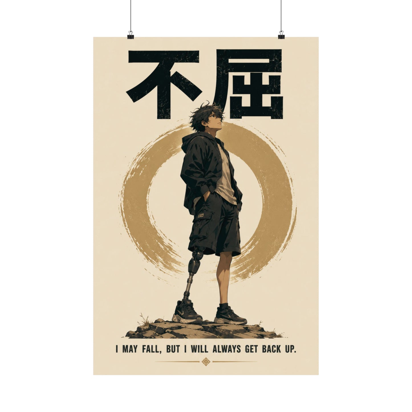 Poster with a person with a prosthetic leg, standing on a rock, against a beige background with black text.
