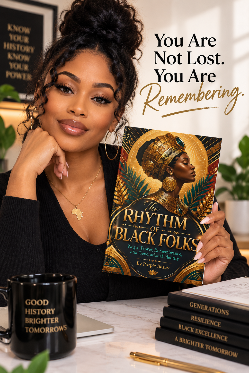 A black woman holds up the book 'The Rhythm of Black Folks' in a styled indoor setting. The book cover features a gold and black illustration of a woman wearing an African headdress.