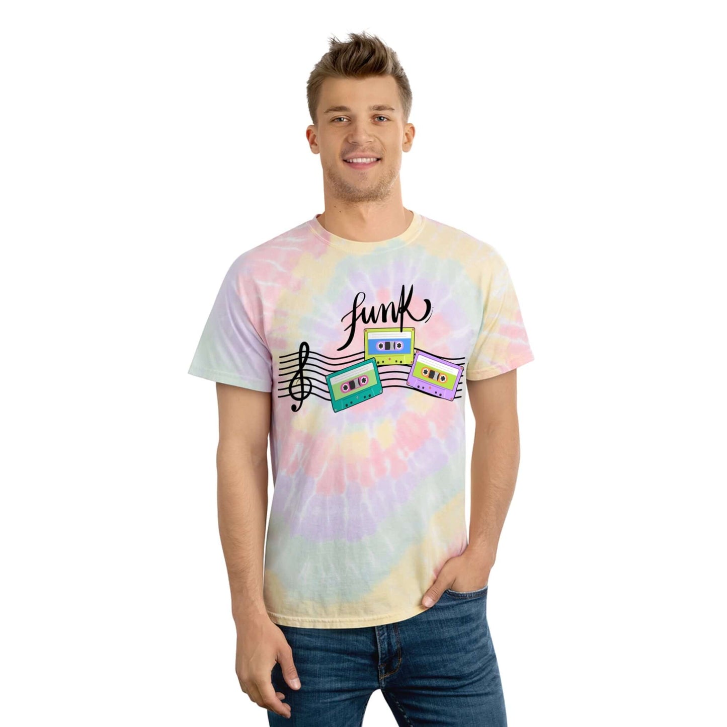 Retro Funk Cassette Tie-Dye Tee Spiral T-Shirt, Brand63