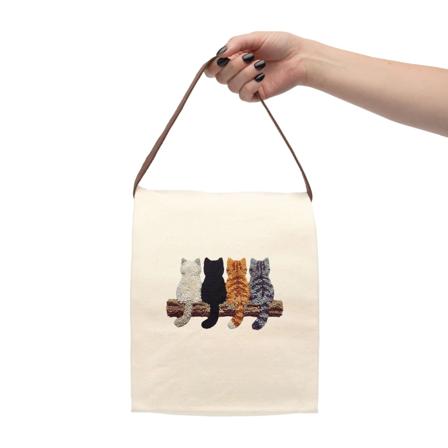 Simply Cute Kittens canvas lunch bag with strap featuring adorable kitten designs on natural cotton.