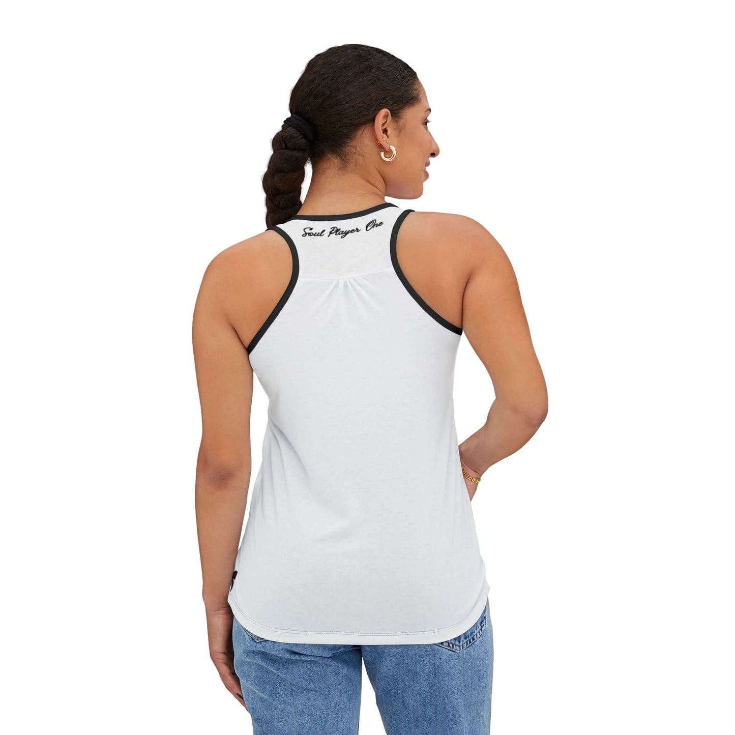 Back view of Soul Player One Racerback Truth Tank Top showcasing the design and fit.