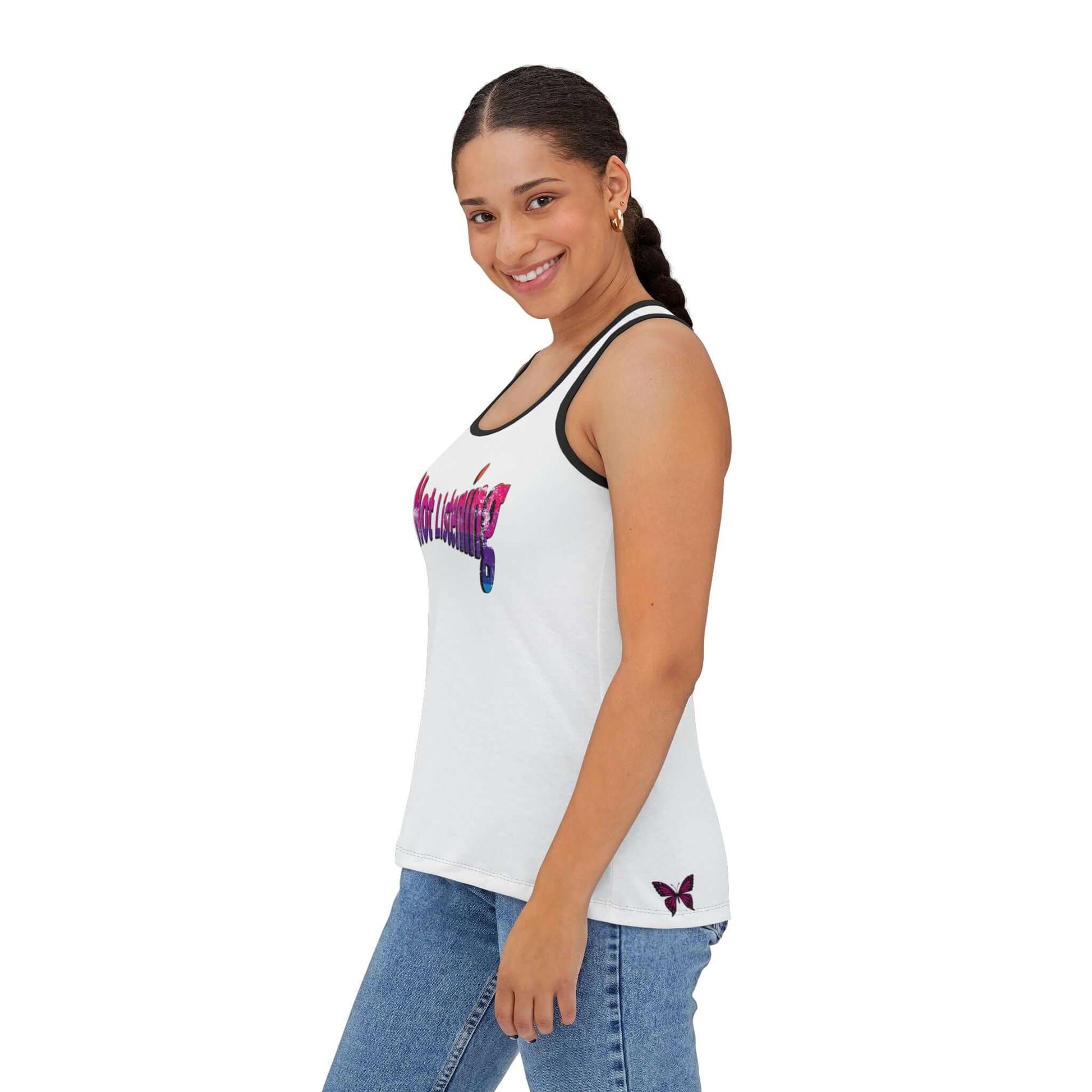 Soul Player One Racerback Truth Tank Top worn by a model, features 'I'm Not Listening' print and minimal butterfly design.
