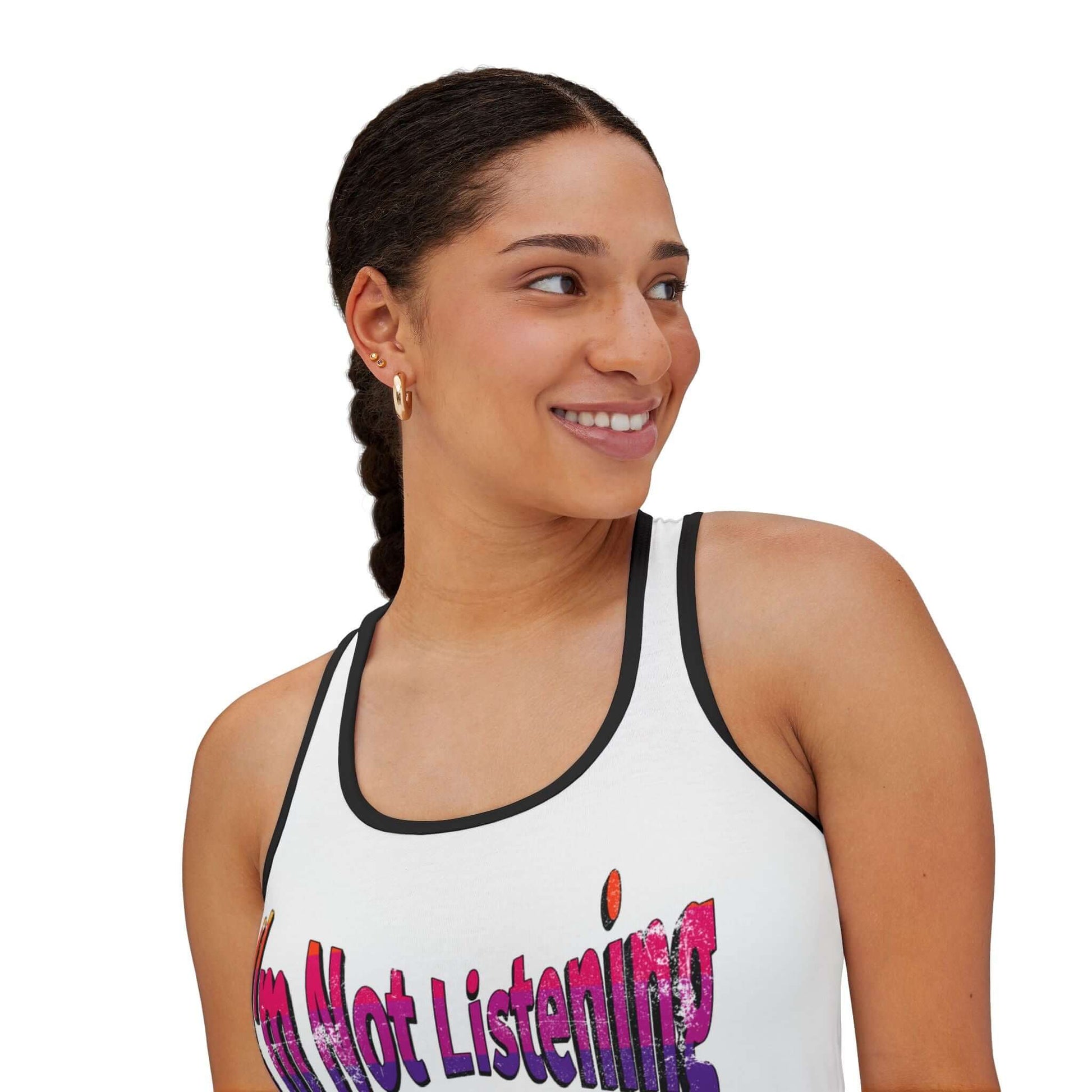 Soul Player One Racerback Truth Tank Top featuring 'I'm Not Listening' graphic design.