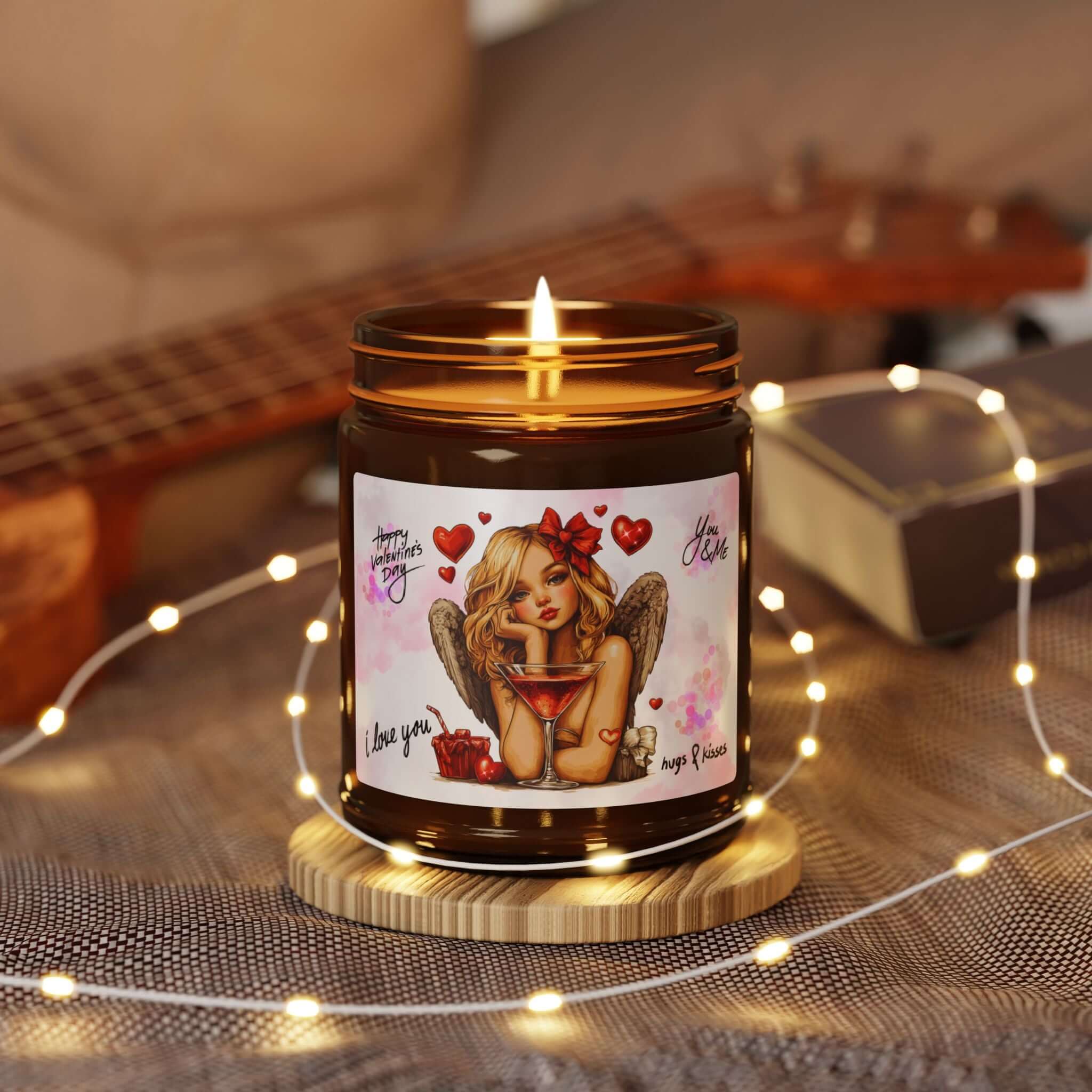 Soy Candle in a amber jar with a Valentine's Day design, surrounded by string lights and a guitar in the background.