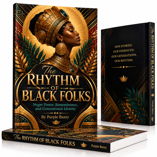 Three views of the book 'The Rhythm of Black Folks' by Purple Bazzy, featuring a gold and black cover with an illustration of an African woman, a black hardcover edition, and a stack of the book on a white background.