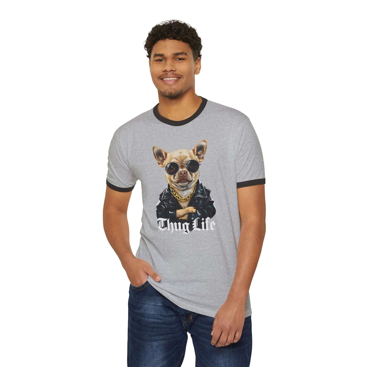 Thug Life Dog Unisex Cotton Ringer T-Shirt - Picture Perfect Chihuahua -Thuggish, Brand63