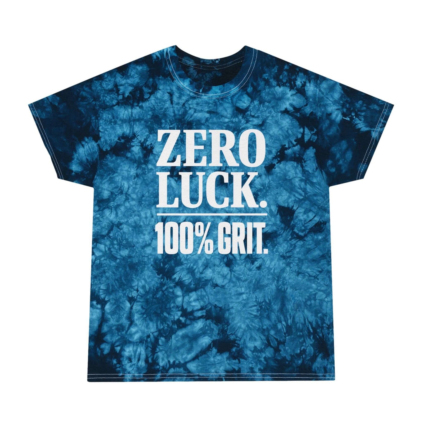 Tie-Dye Pure Grit Tee featuring bold white print saying 'ZERO LUCK. 100% GRIT.' on a sun-faded indigo tie-dye background.
