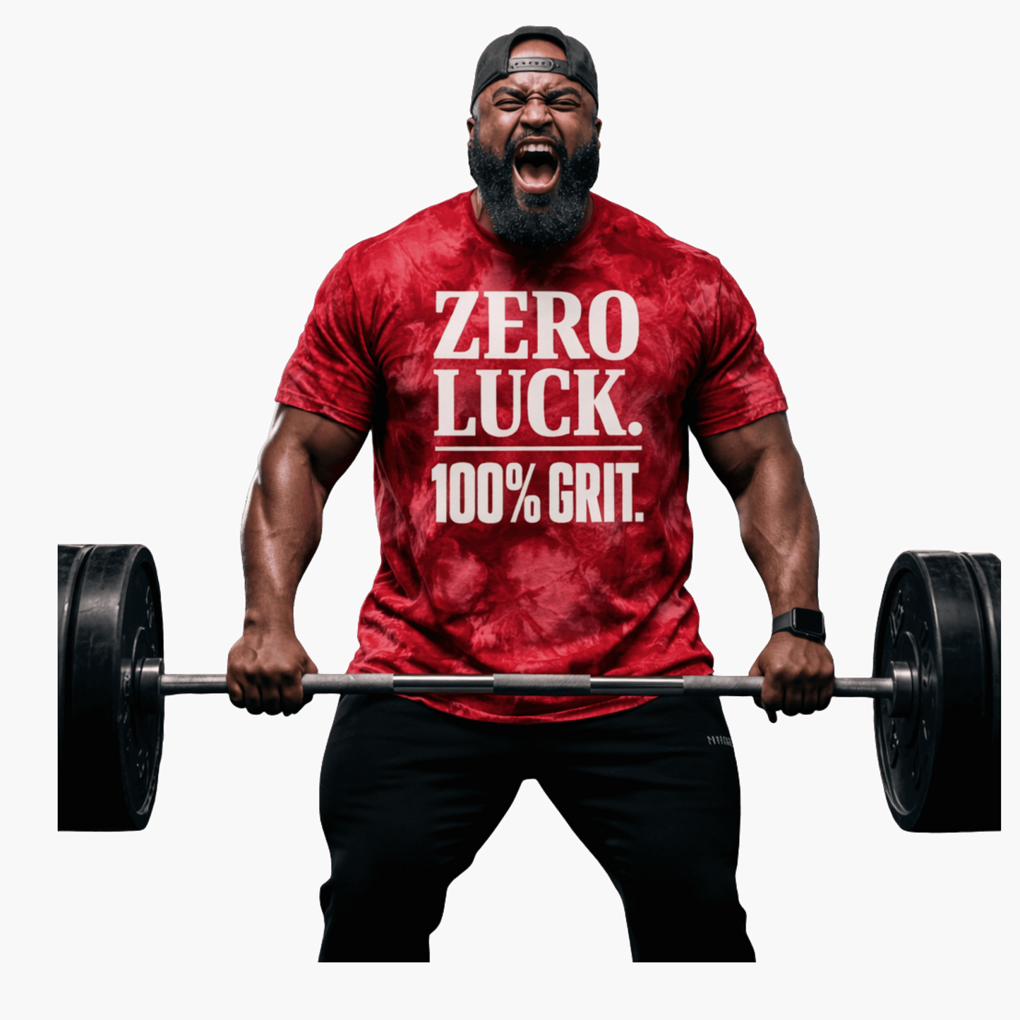 Tie-Dye Pure Grit Tee worn by a muscular man lifting weights, showcasing bold lettering: ZERO LUCK. 100% GRIT.