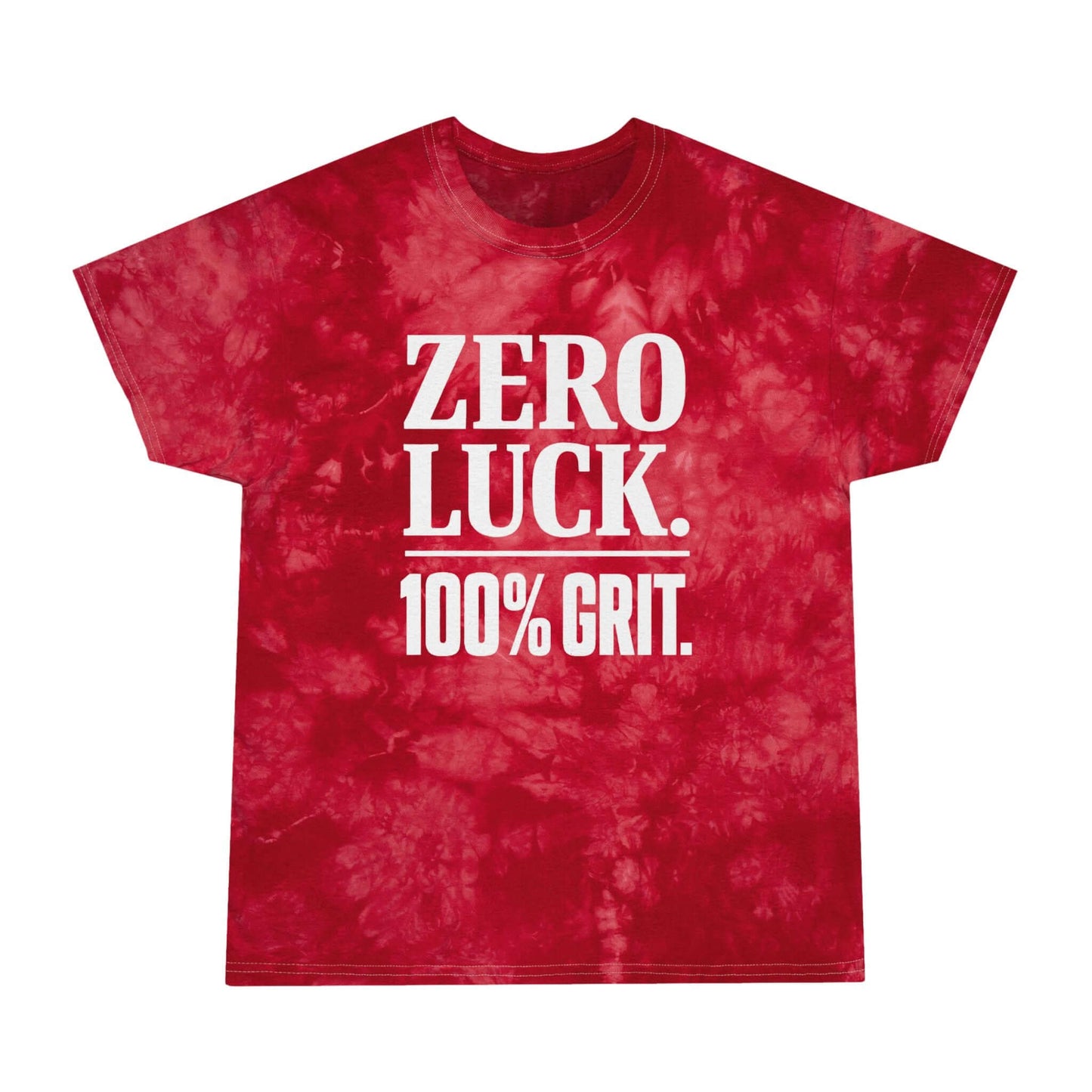Tie-Dye Pure Grit Tee featuring bold white lettering: ZERO LUCK. 100% GRIT. on a red tie-dye background.