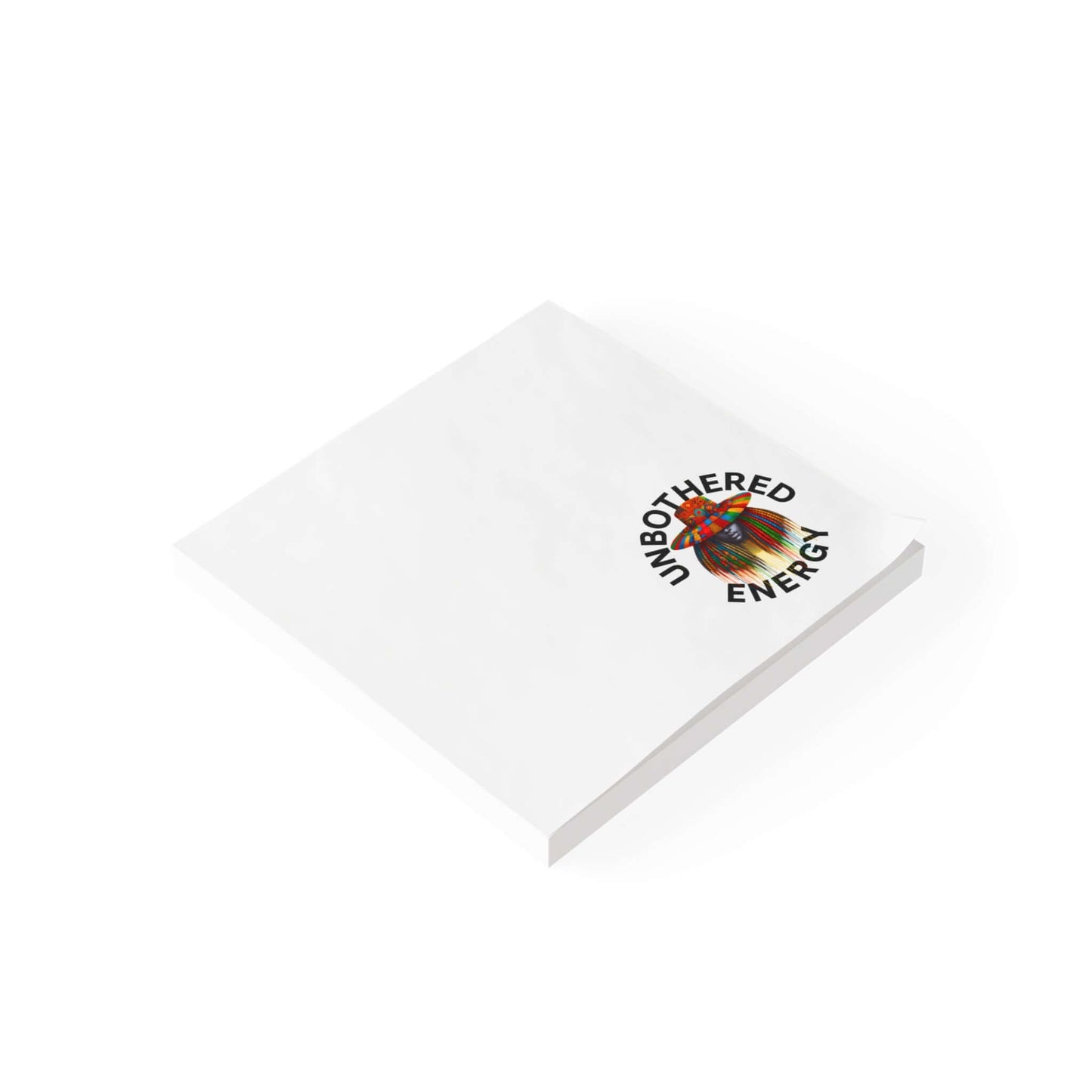 Unbothered Energy Post-it Note Pads featuring a colorful emblem on a compact, white notepad.