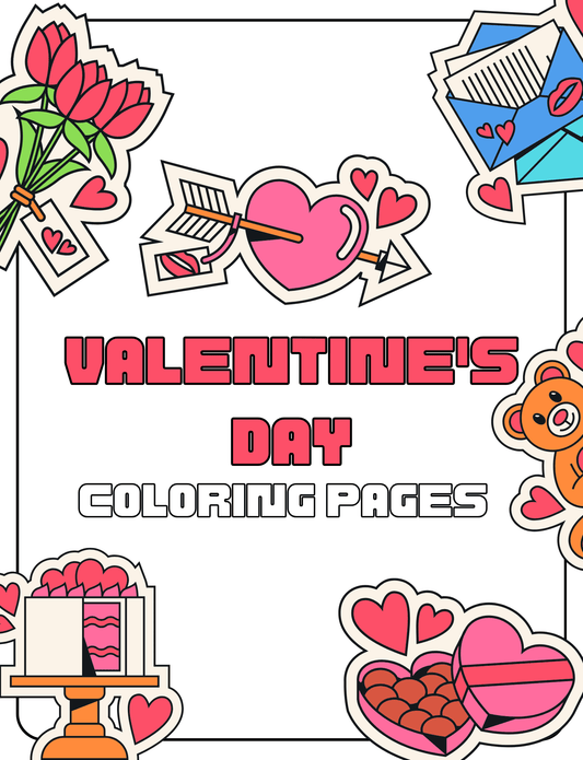 Valentine's Day coloring pages featuring flowers, hearts, and teddy bears for kids to color and enjoy.