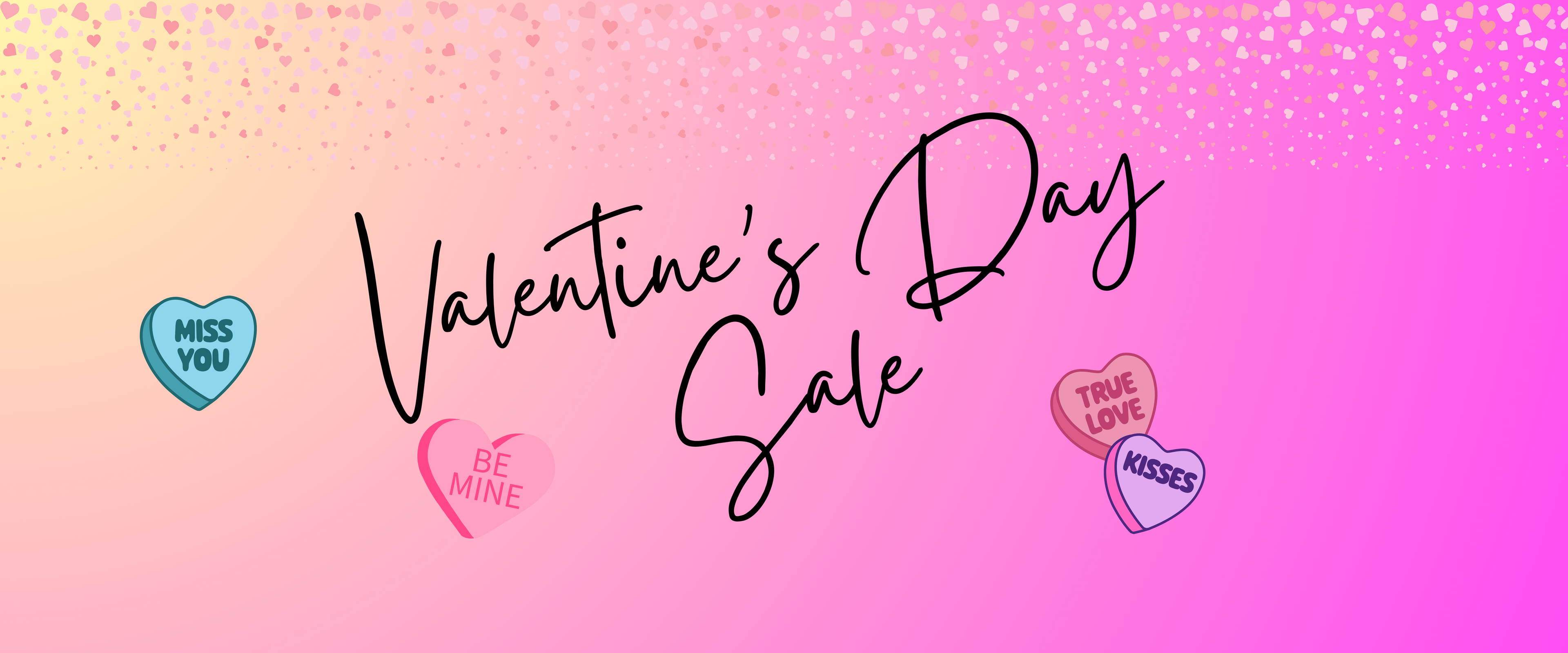 Valentine's Day sale text on a colorful gradient background with heart-shaped candy decorations.