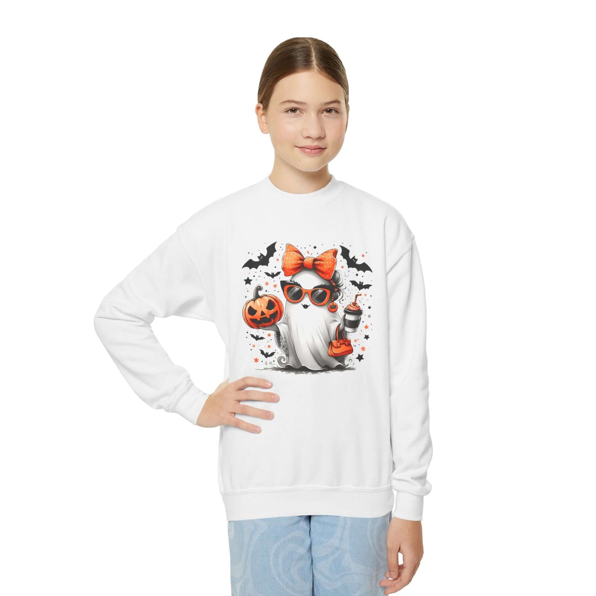 Youth Halloween Sweatshirt | Cute Ghost and Bats, Brand63