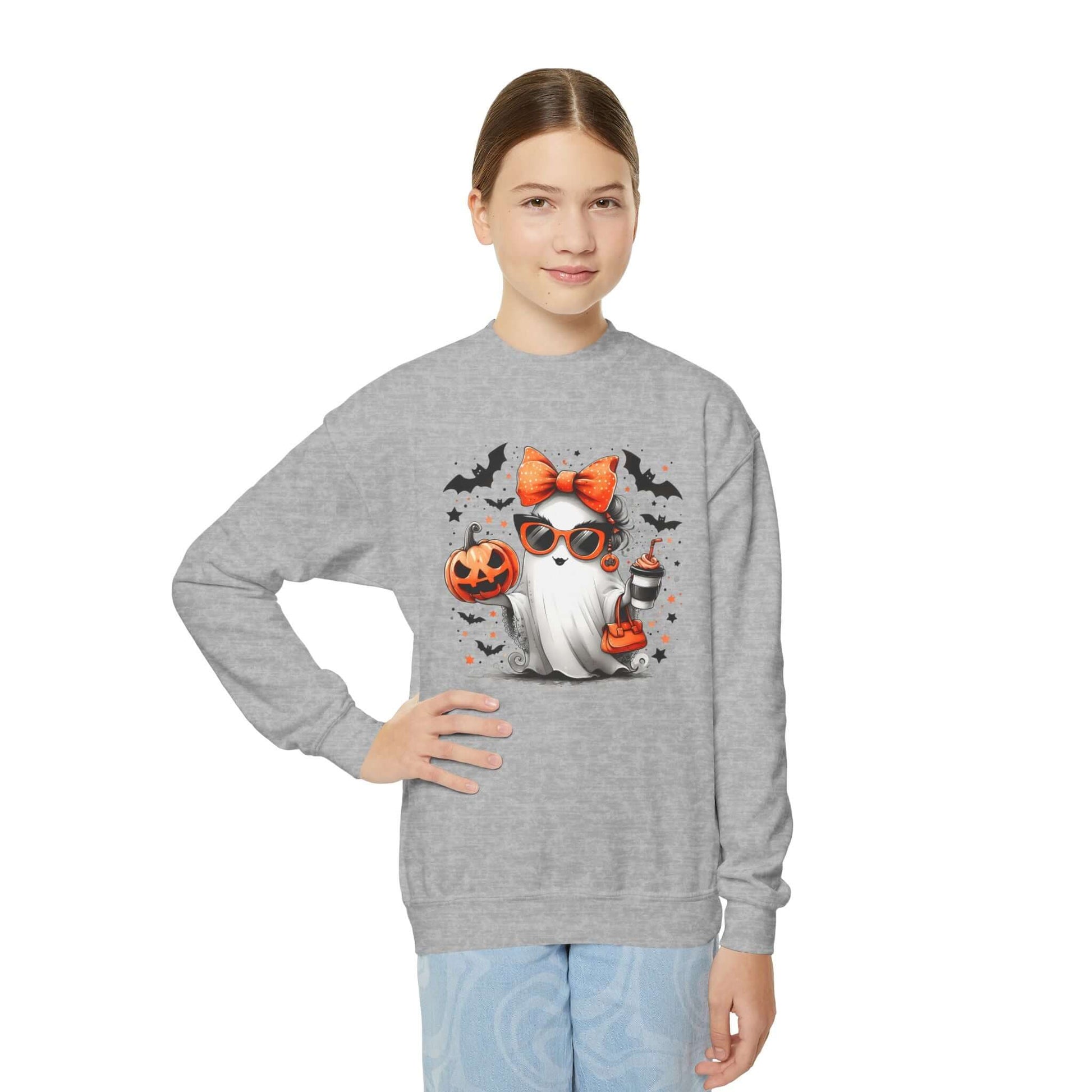 Youth Halloween Sweatshirt | Cute Ghost and Bats, Brand63