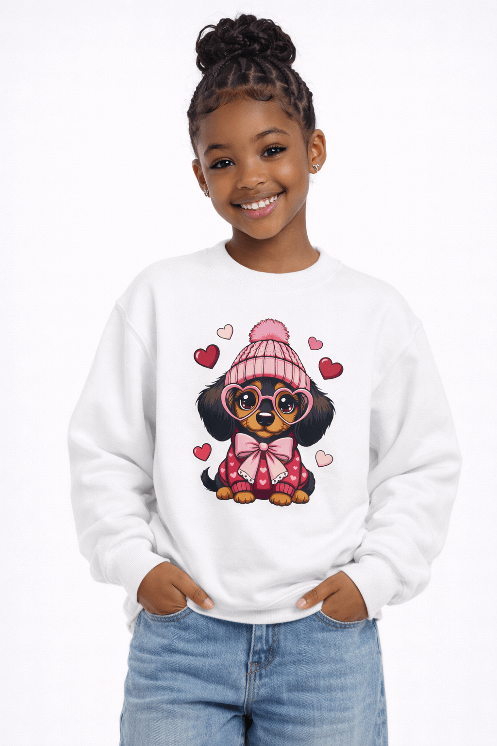 Youth Valentine crewneck sweatshirt with cute puppy wearing knit hat and scarf, cozy kids sweatshirt for Valentine’s Day