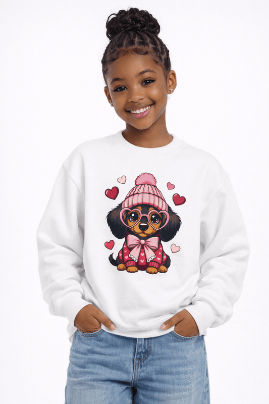 Youth Valentine crewneck sweatshirt with cute puppy wearing knit hat and scarf, cozy kids sweatshirt for Valentine’s Day