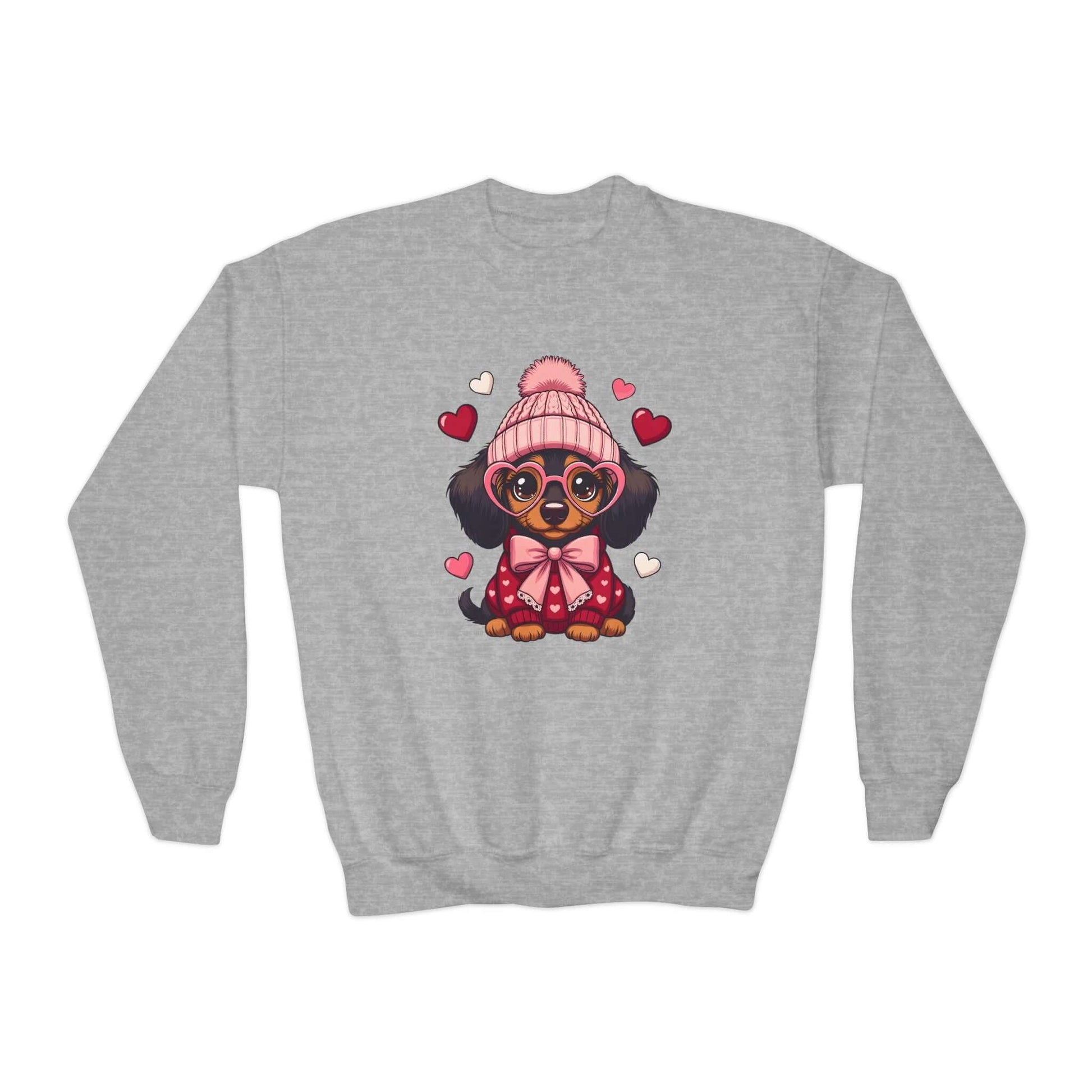 Youth Valentine crewneck sweatshirt with cute puppy wearing knit hat and scarf, cozy kids sweatshirt for Valentine’s Day