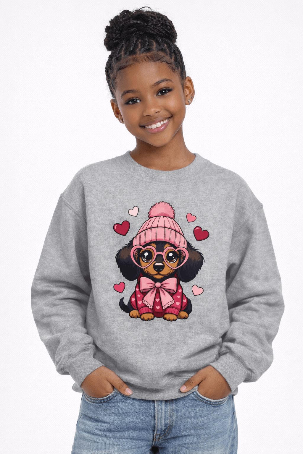 Youth Valentine crewneck sweatshirt with cute puppy wearing knit hat and scarf, cozy kids sweatshirt for Valentine’s Day