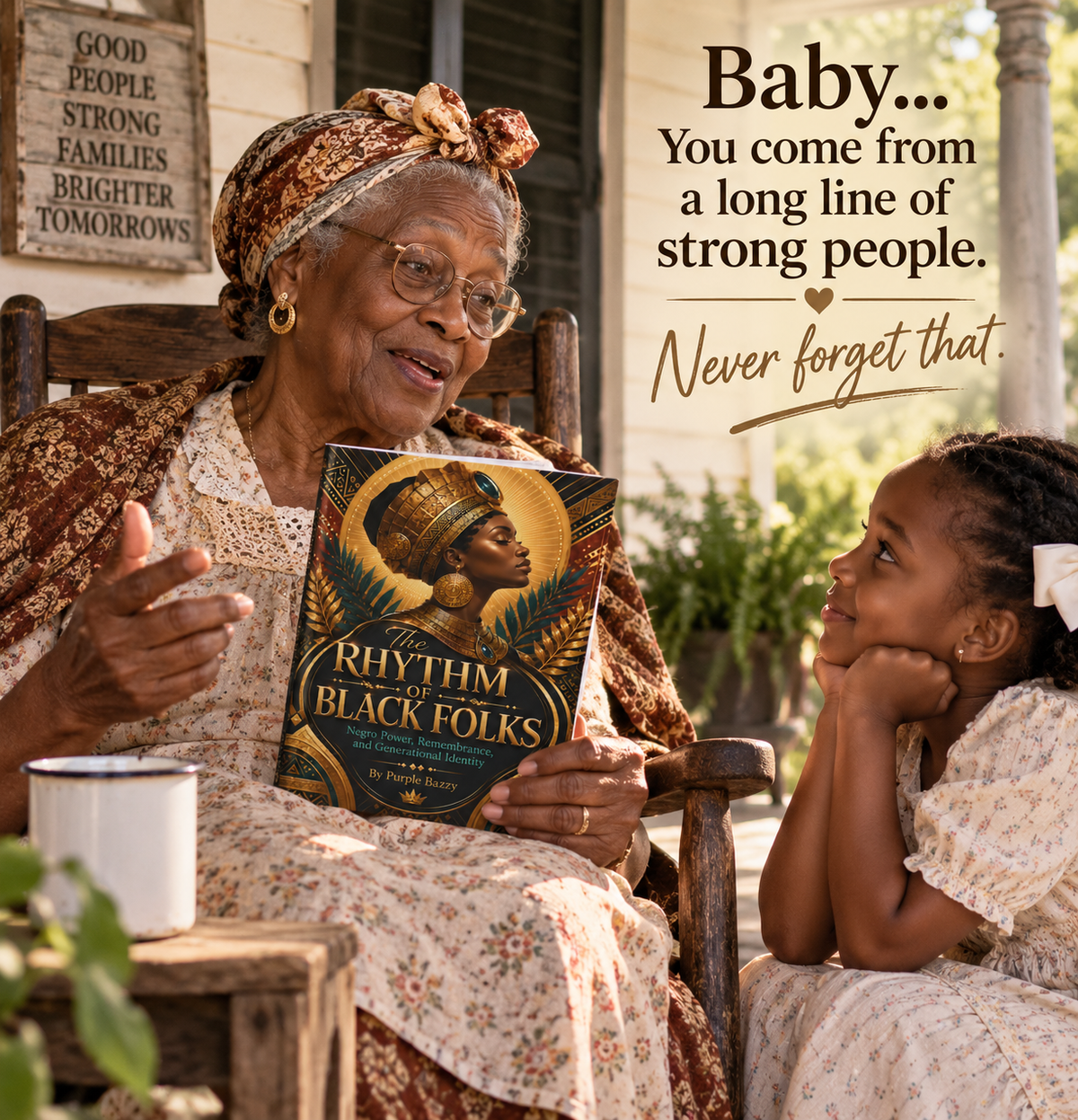 An elderly black woman sitting in a wooden rocking chair reads a book titled 'Rhythm of the Black Folks' to a young girl on a porch. The scene is warmly lit, with a mug on a small table beside her and a decorative sign on the wall.