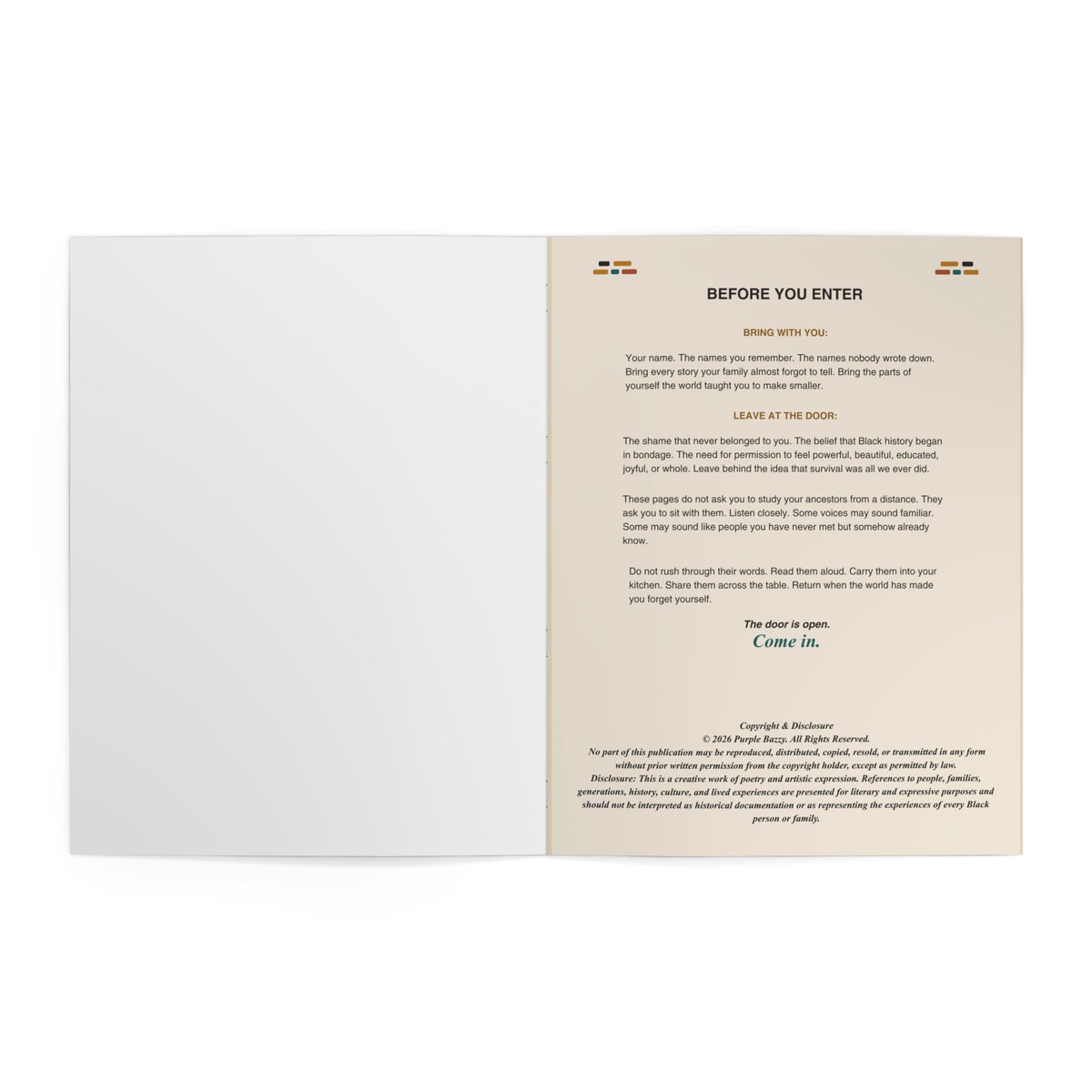 A rectangular printed card or booklet page shown flat against a light gray background. The right-hand page has a warm beige background with black and orange text, including the heading 'BEFORE YOU ENTER' and body copy, plus small illustrated symbols near the top.