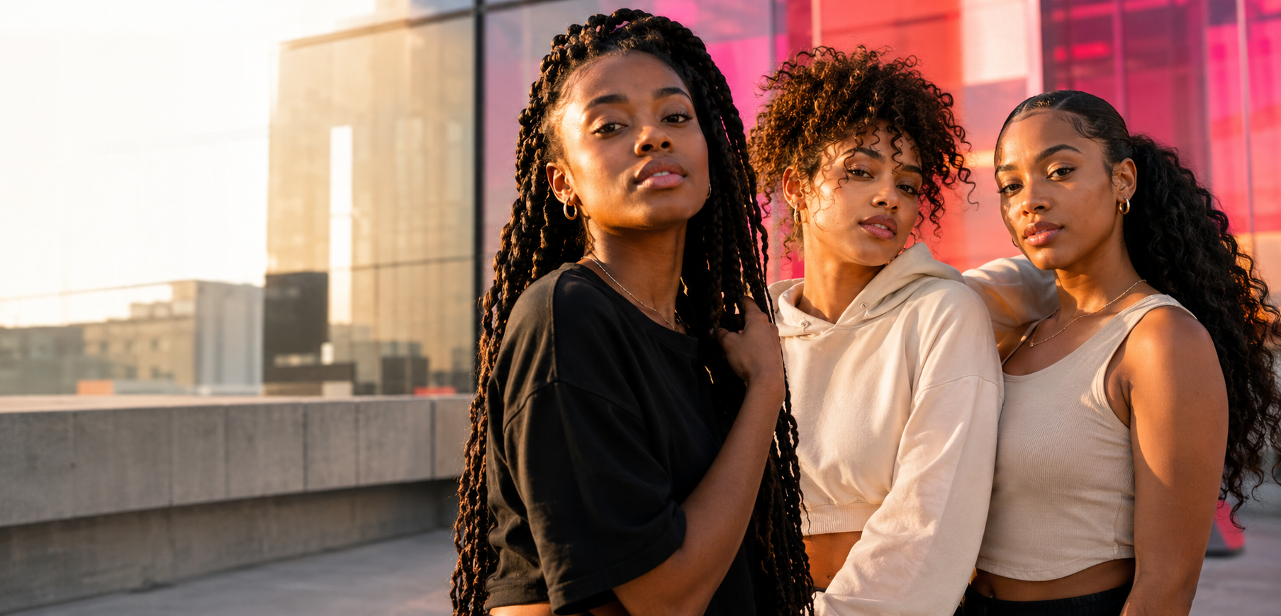 Three confident young Black and mixed-race women in elevated urban streetwear