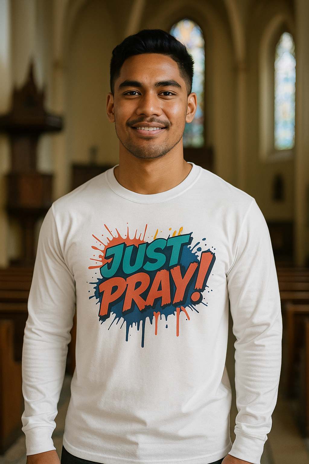 Man wearing a white long-sleeve shirt with 'Just Pray!' text in a church setting