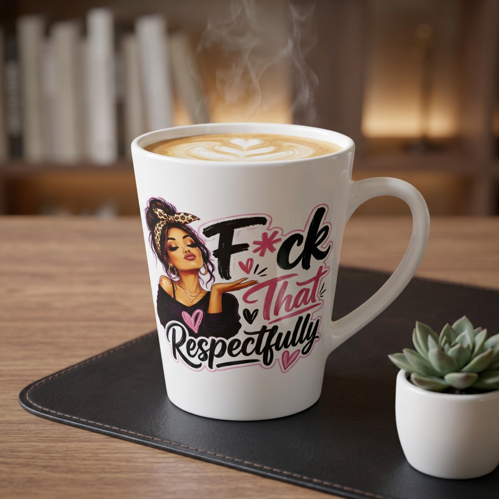 A white ceramic coffee mug with a humorous graphic print sits on a dark brown placemat on a wooden table. The print features an illustration of a woman in a leopard-print headband next to the text 'F*ck That Respectfully' in black and pink lettering.