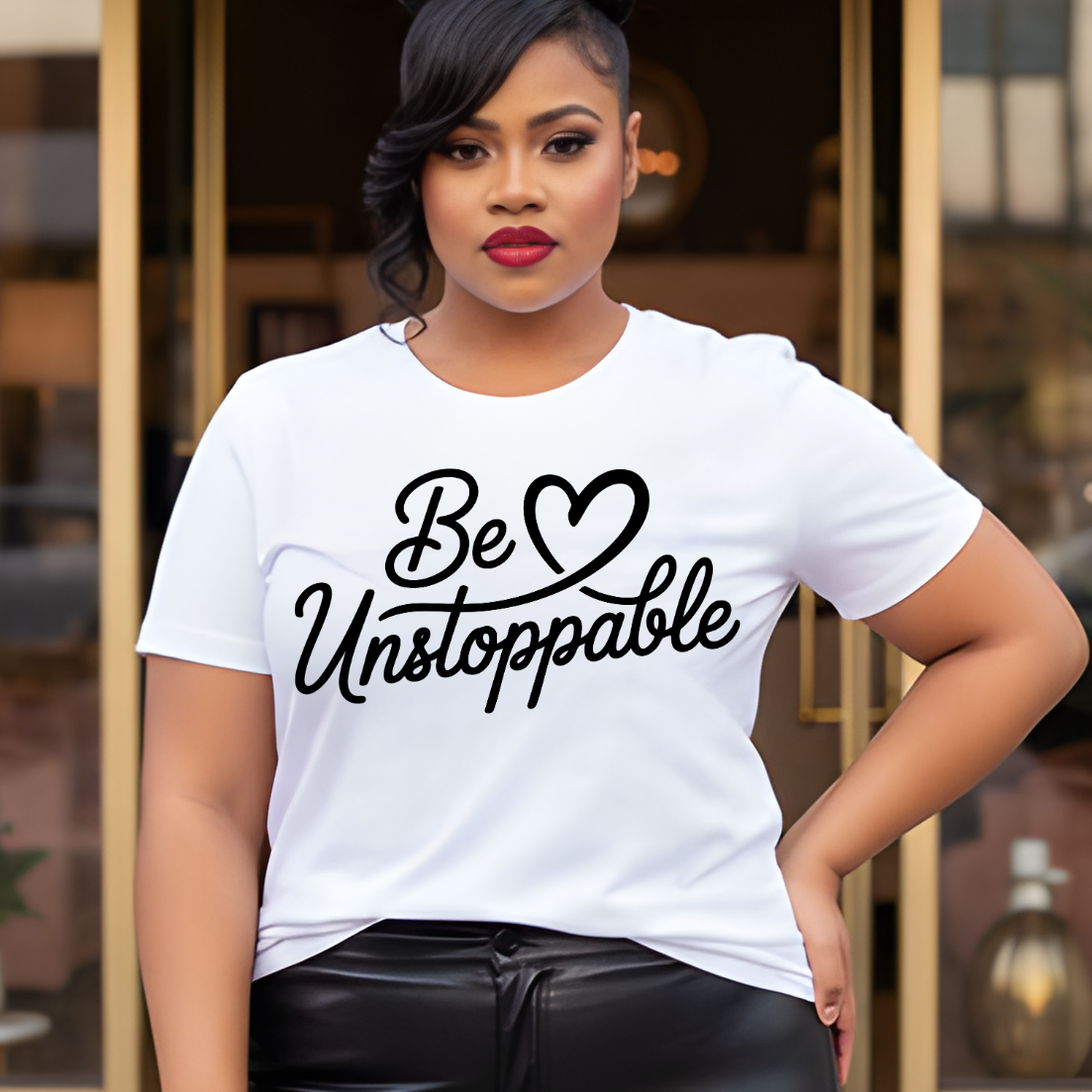 A woman wearing a white short-sleeve graphic T-shirt with the phrase 'Be Unstoppable' in black script and heart design, paired with black pants, standing in front of a glass storefront.