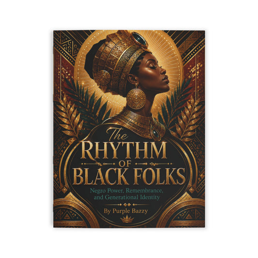 A book cover for 'The Rhythm of Black Folks' by Purple Bazzy, featuring an ornate gold and black illustration of a woman in traditional African-inspired headwear and jewelry, with decorative leaf motifs and a circular emblem.
