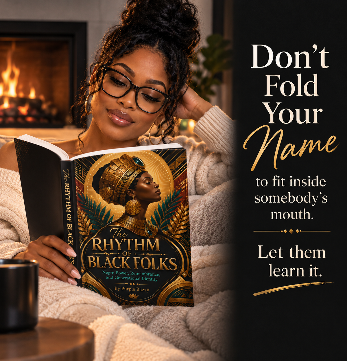 A black woman in a cozy room with a fireplace reads a book titled "The Rhythm of the Black Folks" by Dr. Papiji Berry.