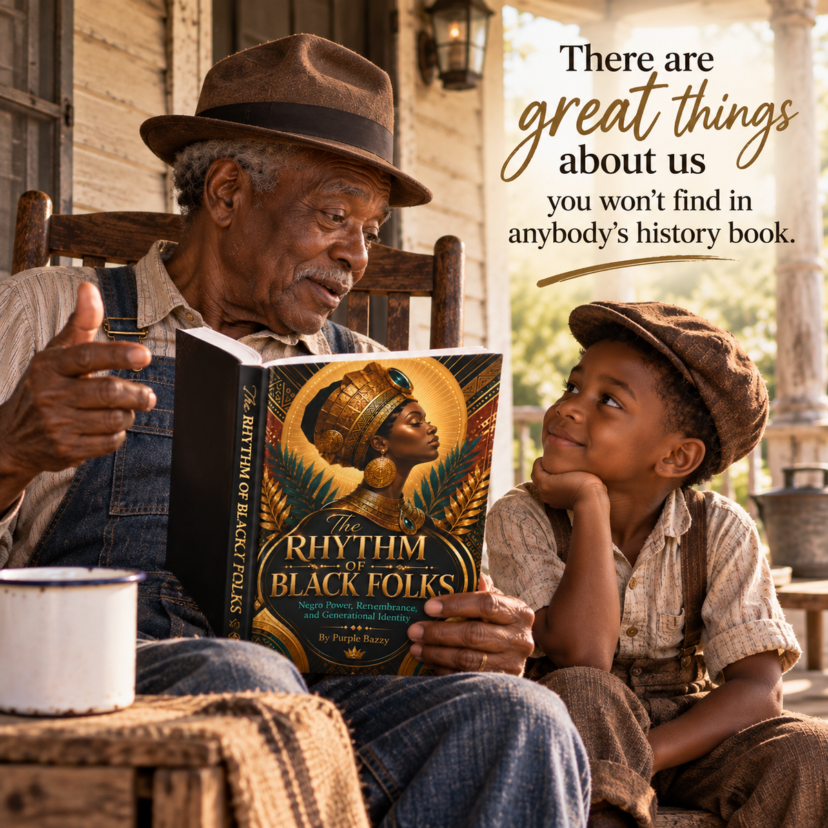 An older black man and a young boy sit on a porch reading a book titled 'The Rhythm and the Black Folks' by Dr. T.