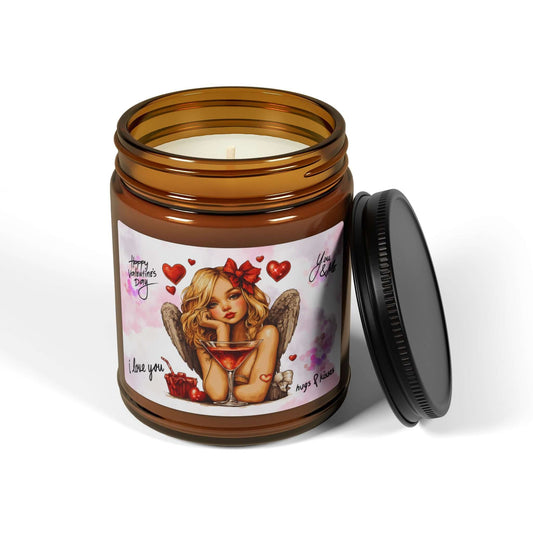 Candle in an amber jar with a decorative label featuring an retro girl design on a white background.
