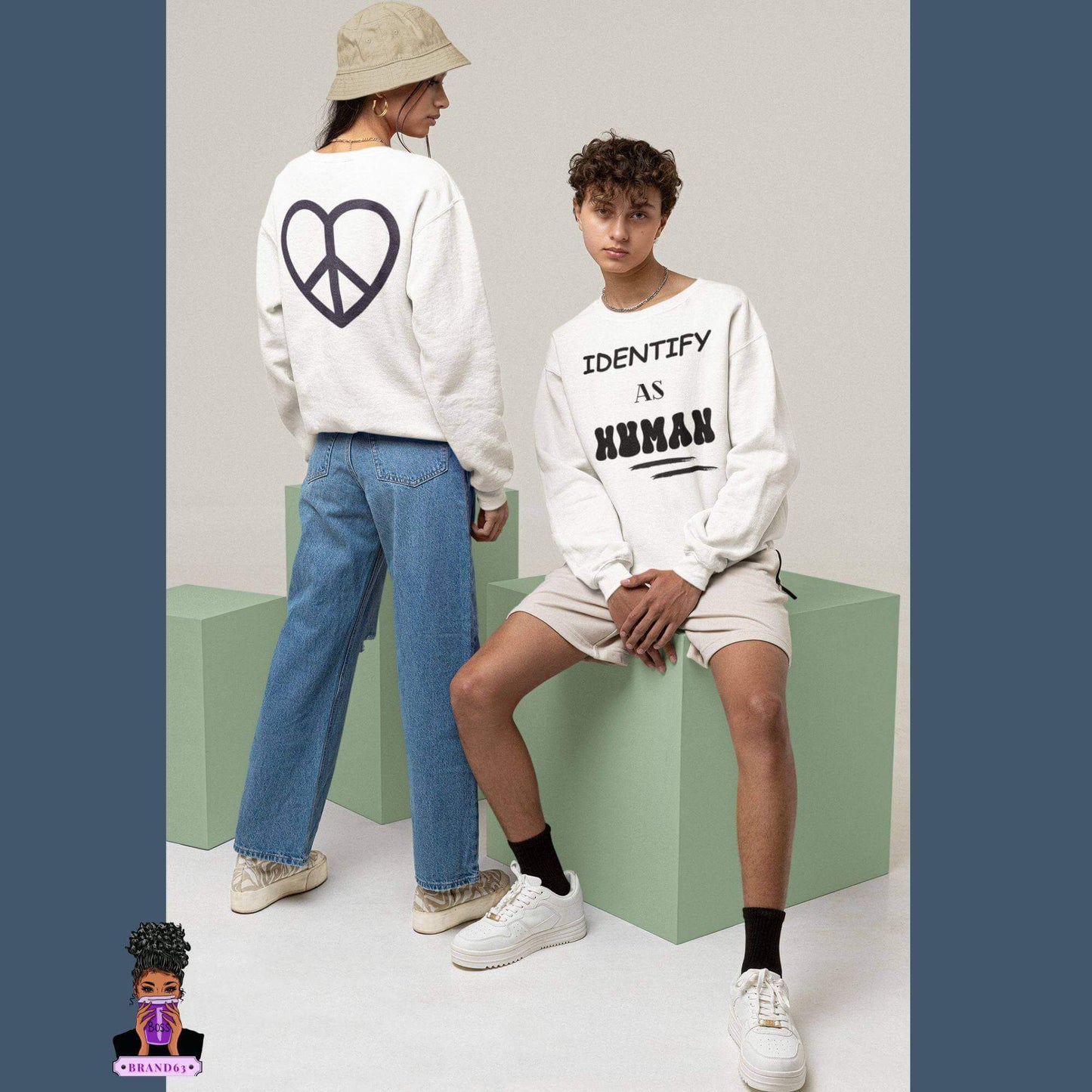 "Identify as Human" Unisex Crewneck Sweatshirt | Front & Back Design | Peace Heart Symbol | Best Deals & Free Shipping | Best Deals & Free Shipping | Best Deals & Free Shipping, Brand63