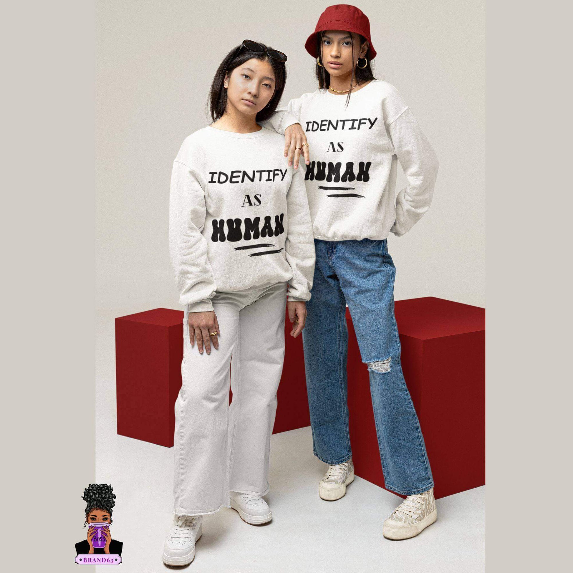 "Identify as Human" Unisex Crewneck Sweatshirt | Front & Back Design | Peace Heart Symbol | Best Deals & Free Shipping | Best Deals & Free Shipping | Best Deals & Free Shipping, Brand63