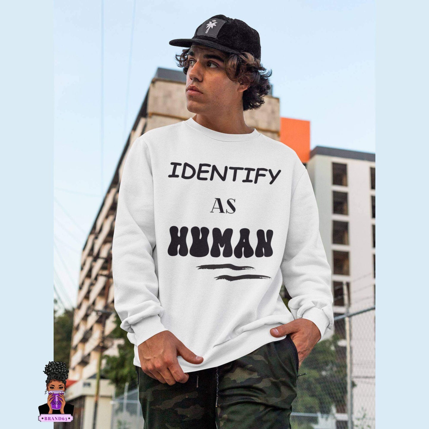 "Identify as Human" Unisex Crewneck Sweatshirt | Front & Back Design | Peace Heart Symbol | Best Deals & Free Shipping | Best Deals & Free Shipping | Best Deals & Free Shipping, Brand63